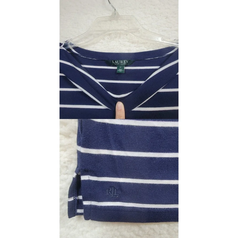 Lauren Ralph Lauren Top Women 1X Navy Blue White Striped Boat Neck Short Sleeve - Picture 3 of 8